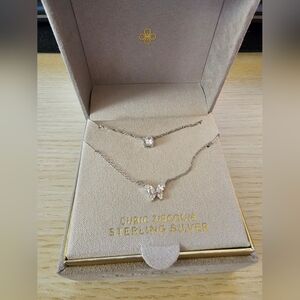 Elegant Silver Double Strand Necklace Butterfly And Pendant Set Cubic Zirconia